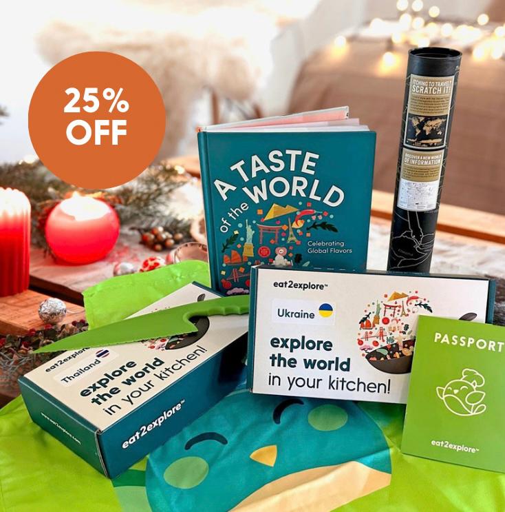 Two cooking kits - Ukraine and Thailand cooking kits, cookbook, world map, passport, eat2explore apron