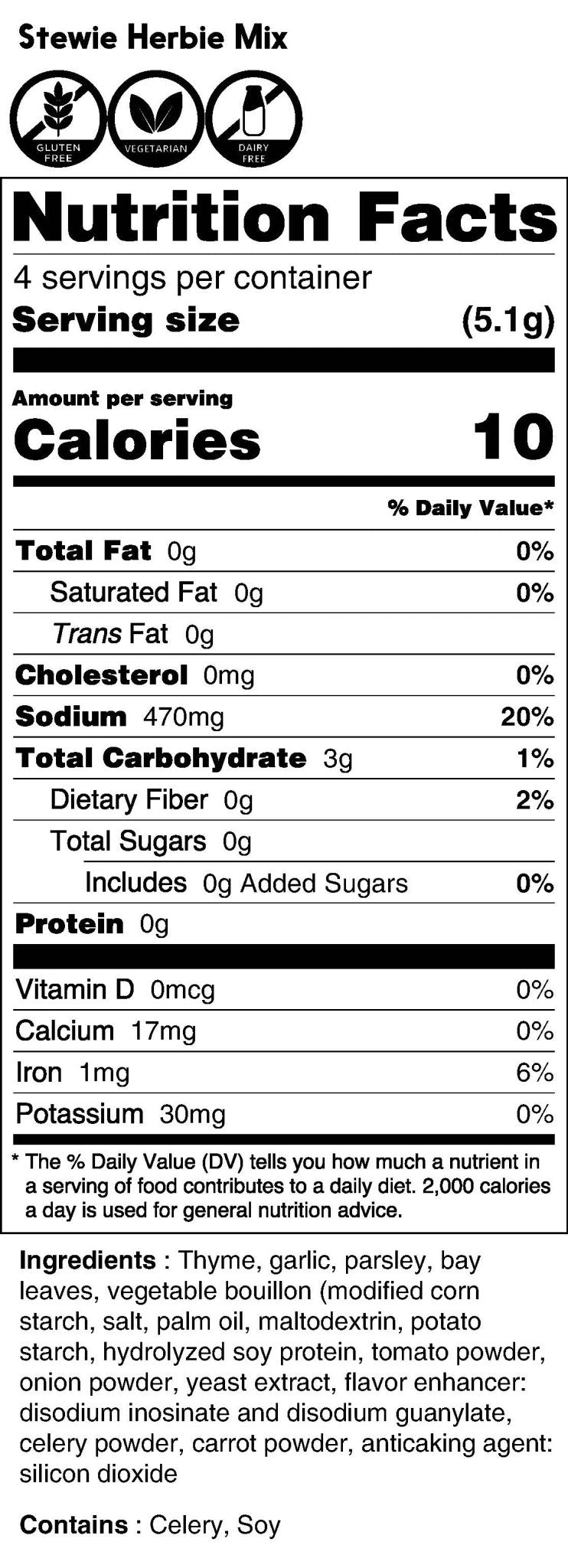 Nutrition facts label for Stevie Herbie Mix with serving size, calories, and ingredient list.