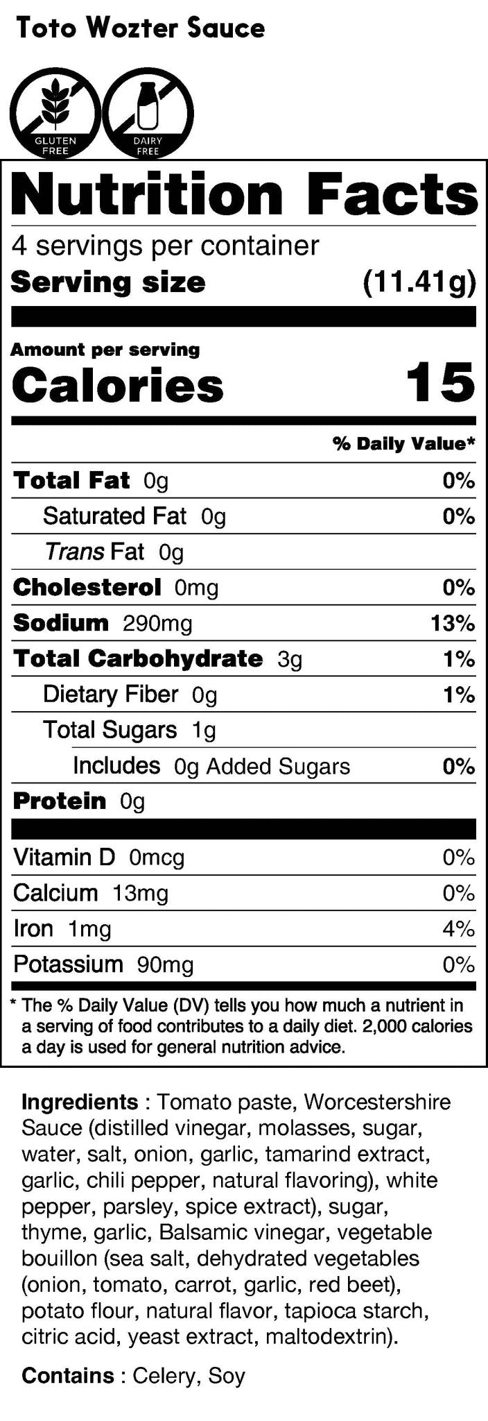 Nutrition facts label for Toto Wozter Sauce with serving size, calories, and ingredient list.