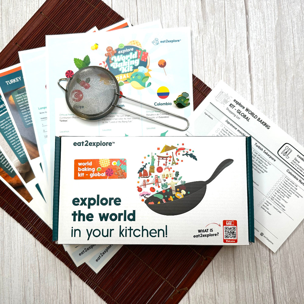 Educational kit for cooking around the world on a wooden surface