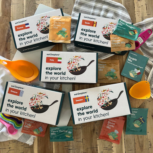 explore Europe bundle of 5 cooking kits with ingredients and recipe cards - Sweden, Greece, Italy, France, Spain