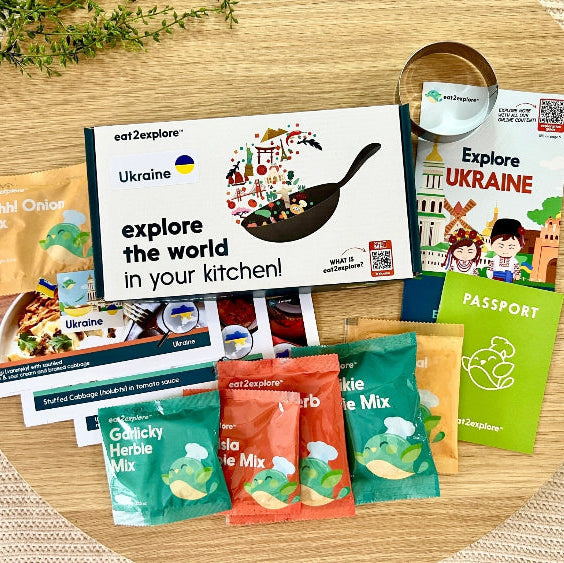 explore Ukraine! cooking kit with ingredients and recipe cards