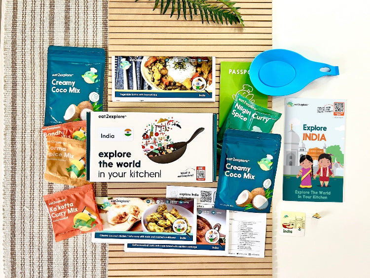 explore India cooking kit with ingredients and recipe cards