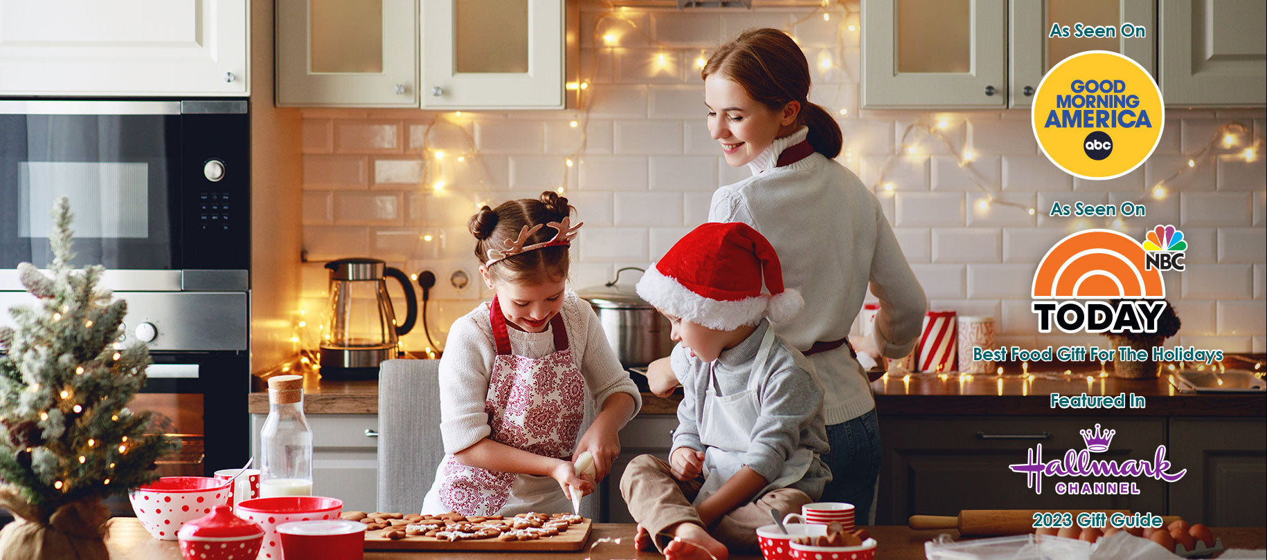 family baking holiday cookies kitchen Christmas lights