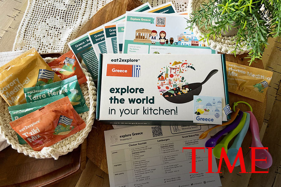 "explore Greece kitchen kit with recipe cards and spices"