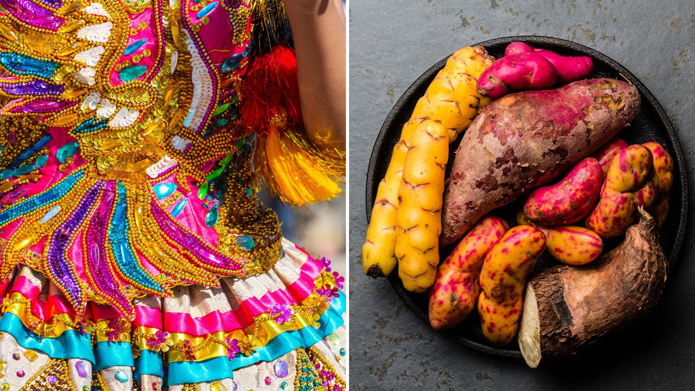 split image of peruvian dance costume and bowl of peruvian potatoes