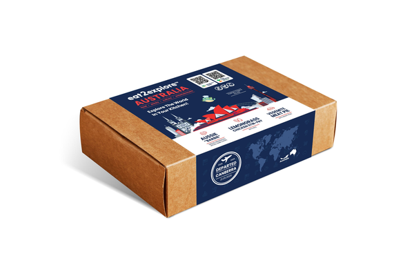A brown kraft paper box with a navy blue and white printed label, photographed on a clean white background.