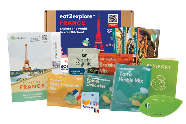 eat2explore France kit with various packaging on a white background