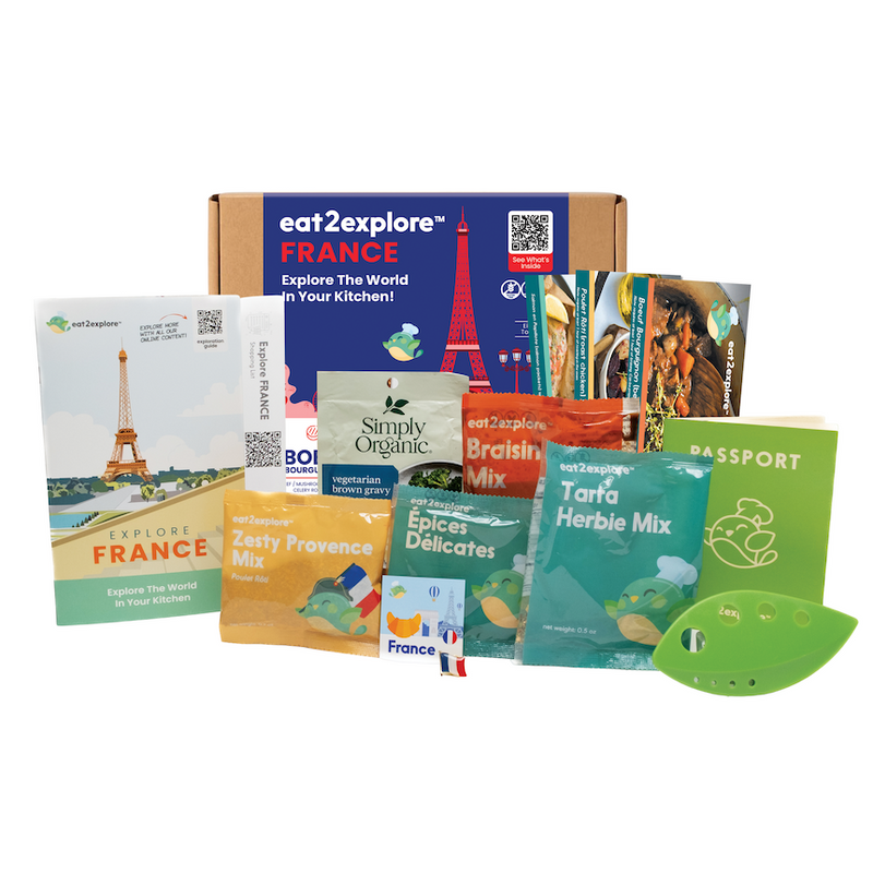 eat2explore France kit with various packaging on a white background