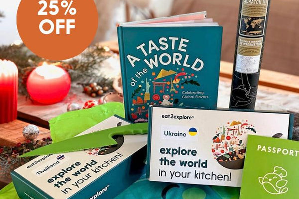 Two cooking kits - Ukraine and Thailand cooking kits, cookbook, world map, passport, eat2explore apron