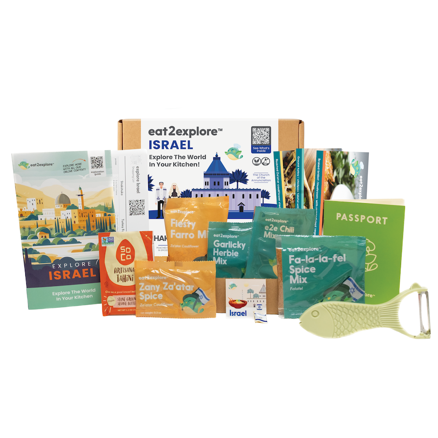 Collection of Israeli-themed products including spice mixes and a fish-shaped object on a white background
