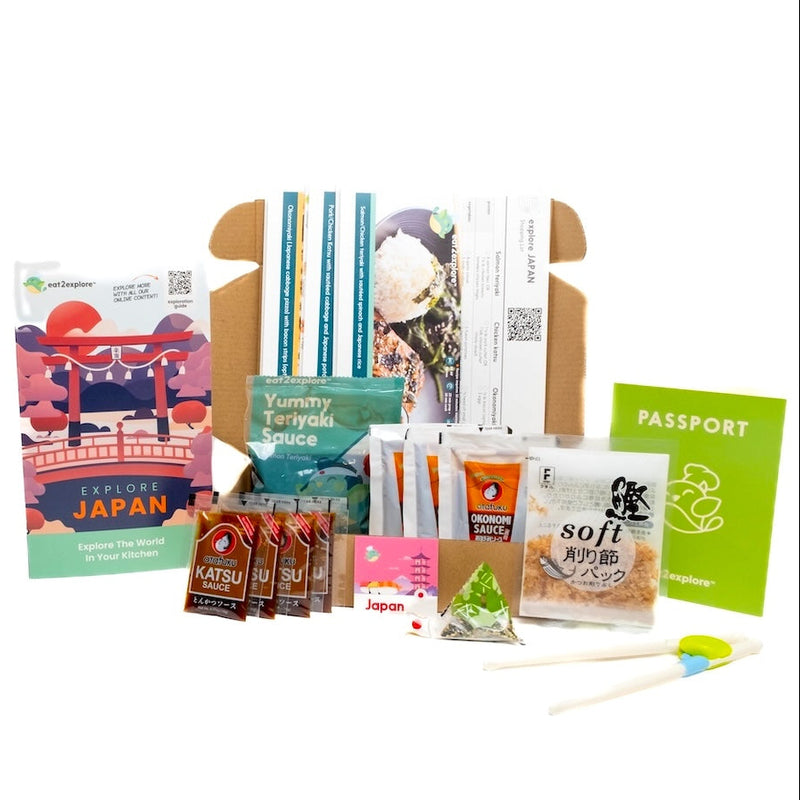 Collection of Japanese-themed products including packets and a passport on a white background