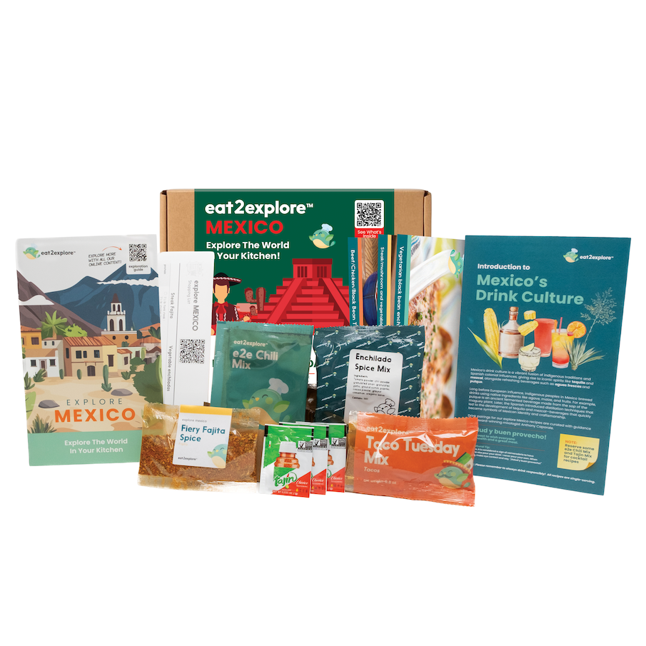 Collection of Mexico-themed products including a box, books, and spice packets on a white background.