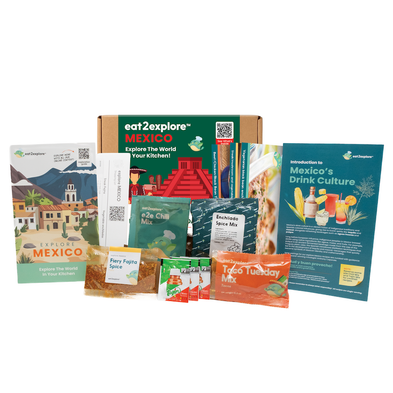 Collection of Mexico-themed products including a box, books, and spice packets on a white background.