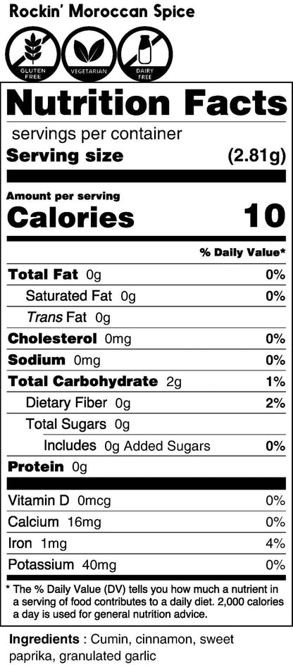 Nutrition facts label for a product labeled 'Rockin' Moroccan Spice'.