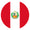 Flag of Peru with a central coat of arms between two red half-circles on a white background