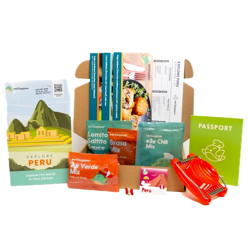 Collection of Peruvian food products and travel-themed items on a white background