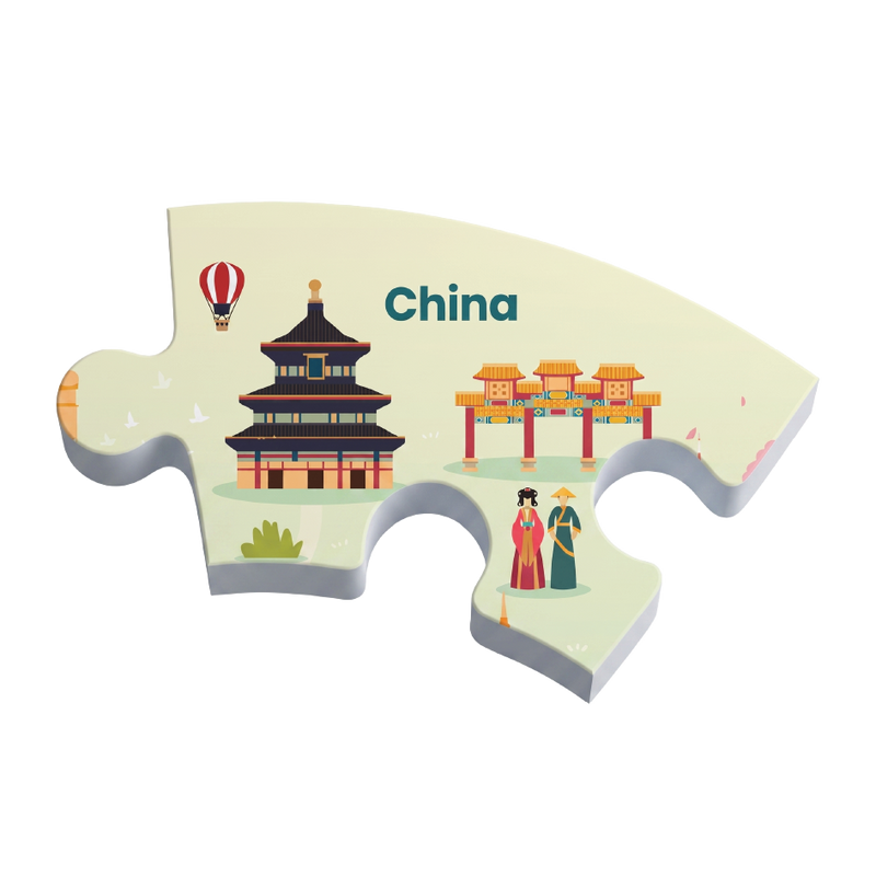 A 3D jigsaw puzzle piece shaped like China, featuring illustrations of the Temple of Heaven, a hot air balloon, a traditional archway, and two figures in Hanfu clothing on a pale cream background, with the word 'China' printed in teal.