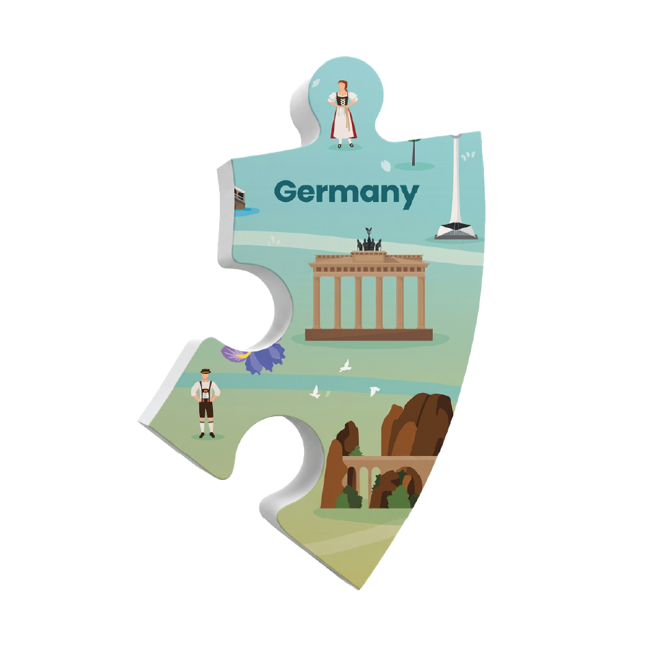 A single illustrated puzzle piece shaped like Germany, featuring landmarks and figures on a light blue and green background with the word 
