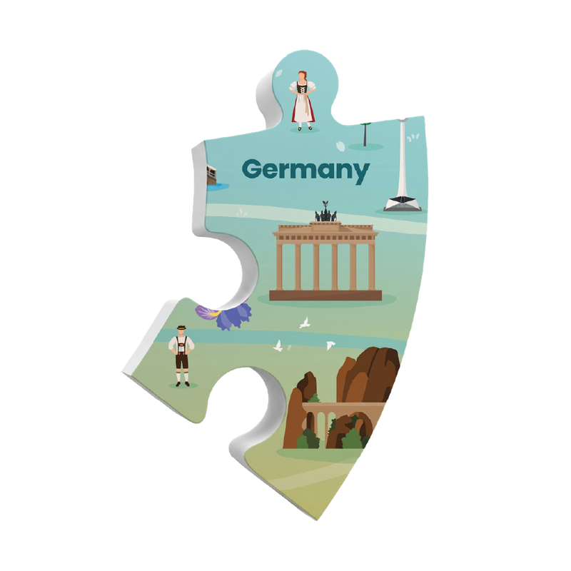 A single illustrated puzzle piece shaped like Germany, featuring landmarks and figures on a light blue and green background with the word 