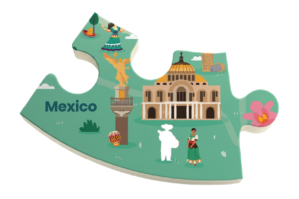 A puzzle-piece-shaped Mexico travel-themed plaque or wall decor piece with illustrated landmarks, people, a cactus, and the word "Mexico" on a teal background, shown on a plain white background.