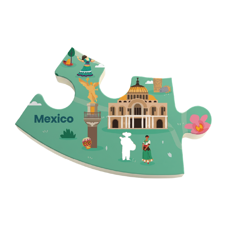 A puzzle-piece-shaped Mexico travel-themed plaque or wall decor piece with illustrated landmarks, people, a cactus, and the word 