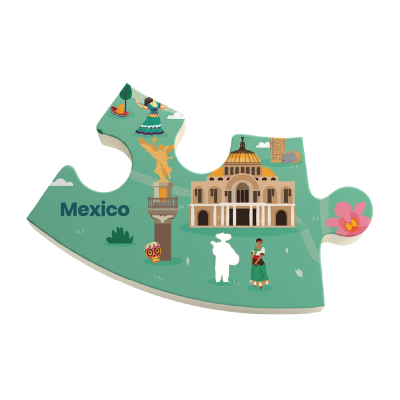 A puzzle-piece-shaped Mexico travel-themed plaque or wall decor piece with illustrated landmarks, people, a cactus, and the word 