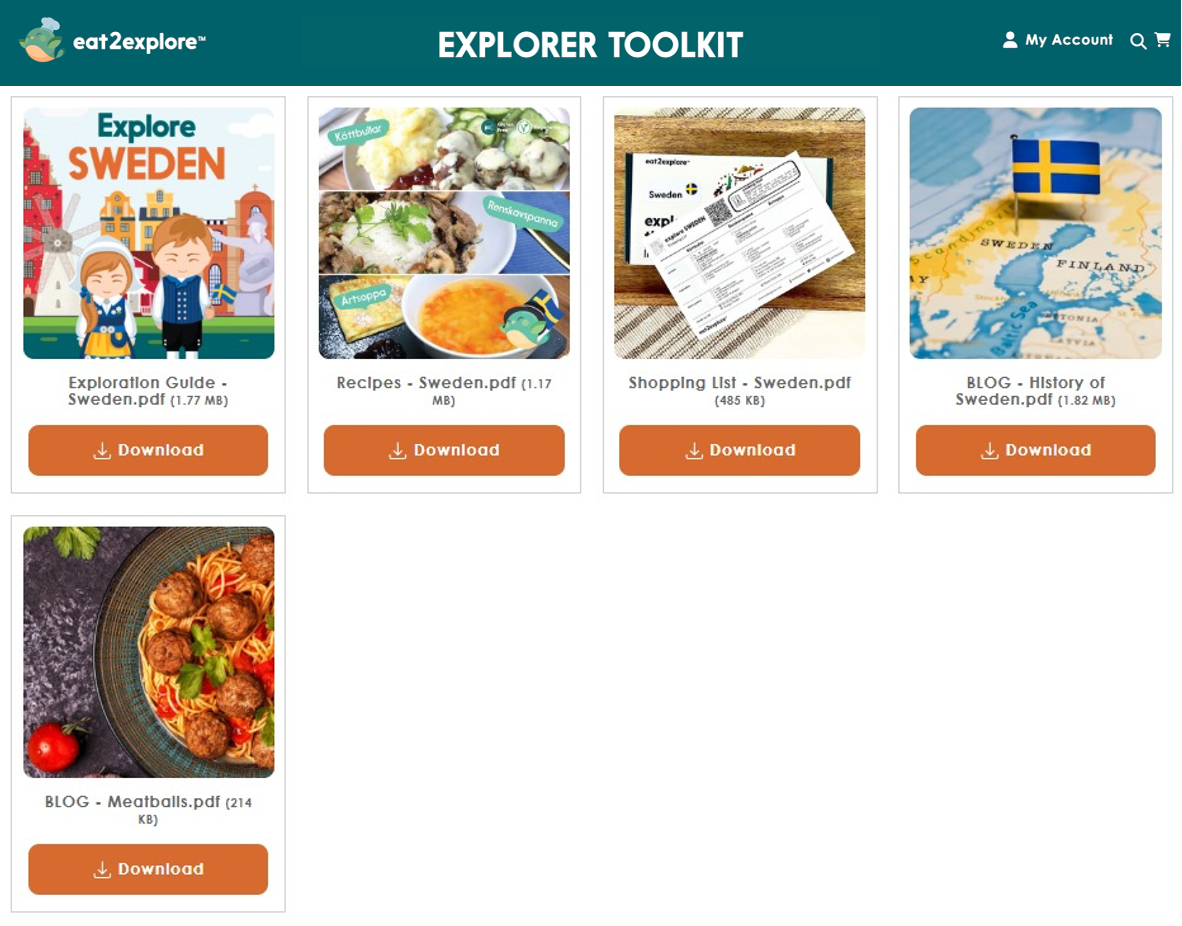 Explorer toolkit Sweden downloads recipes shopping history meatballs.