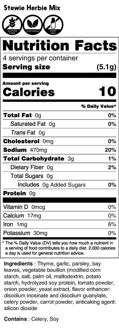 Nutrition facts label for Stevie Herbie Mix with serving size, calories, and ingredient list.