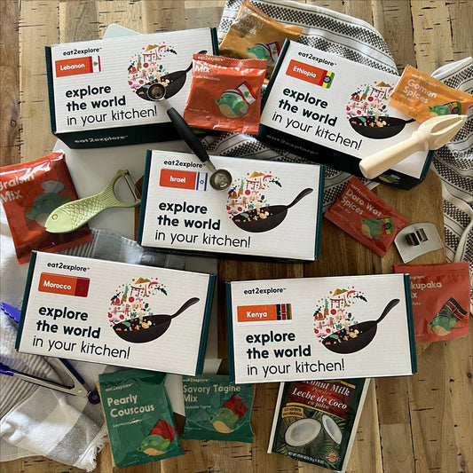 "international cooking kits with spices and ingredients from Lebanon Ethiopia Israel Morocco Kenya"