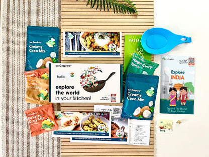 explore India cooking kit with ingredients and recipe cards