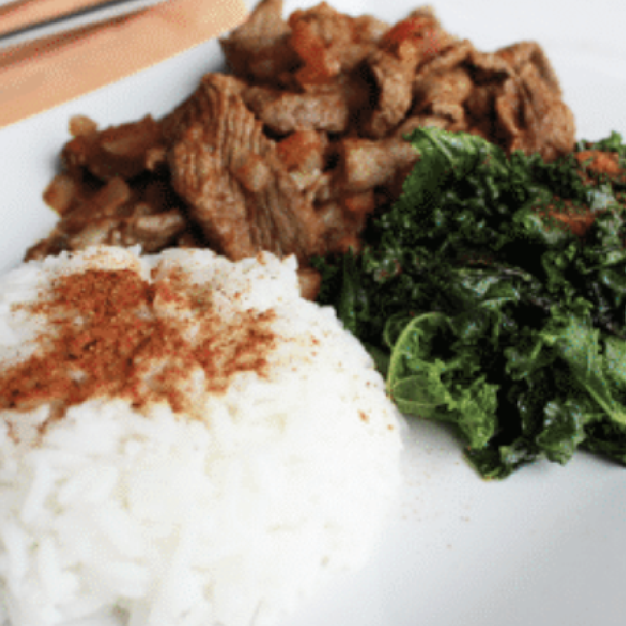 rice beef kale dish plate