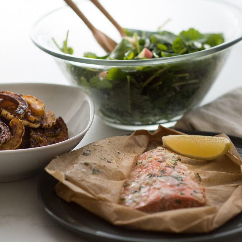baked salmon with lemon, roasted squash, green salad